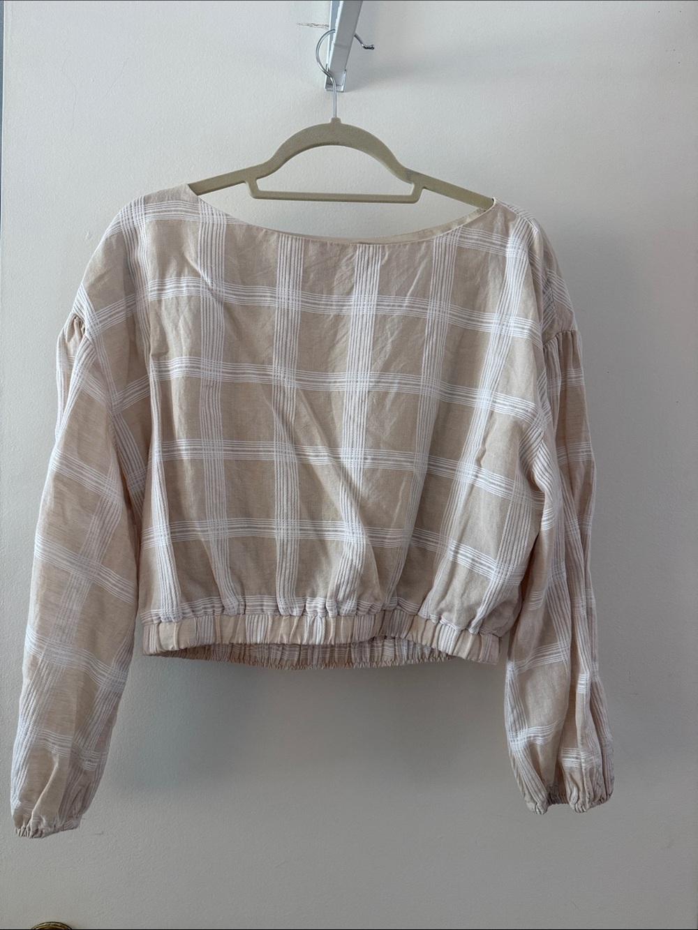Antonio Melani Cropped Beige Plaid Boatneck Top